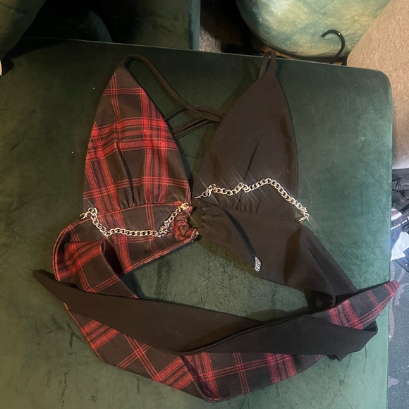 RARE FIREST INK Plaid and Black Halter Top with Chains Top only - Picture 2 of 5